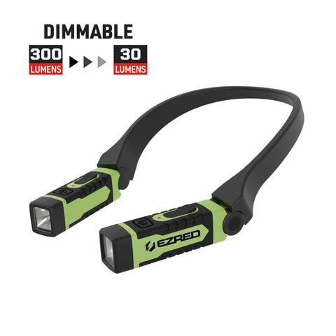 Rechargeable Hands Free Neck Light With Nine Hour Run Time, Water Resistant And Rugged, shown in green and black with 300 lumens