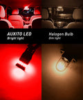 Comparison of Brilliant Red LED Car Light Set with halogen bulb in car interior, showcasing bright and dim lighting differences.
