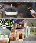 Collage showing Hanging Solar Light With 360 Degree Illumination And Remote For Indoor And Outdoor Use IP65 Waterproof in various settings