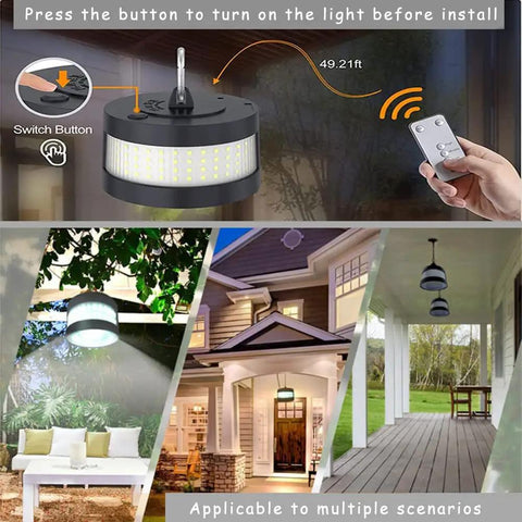 Collage showing Hanging Solar Light With 360 Degree Illumination And Remote For Indoor And Outdoor Use IP65 Waterproof in various settings