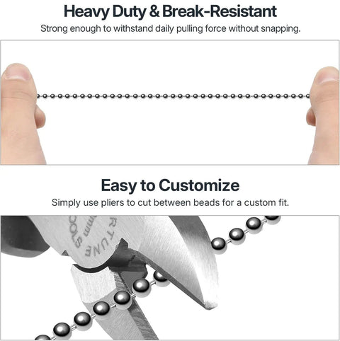 Close-up of heavy duty and break-resistant ceiling fan pull chain extender with pliers for customizing length.