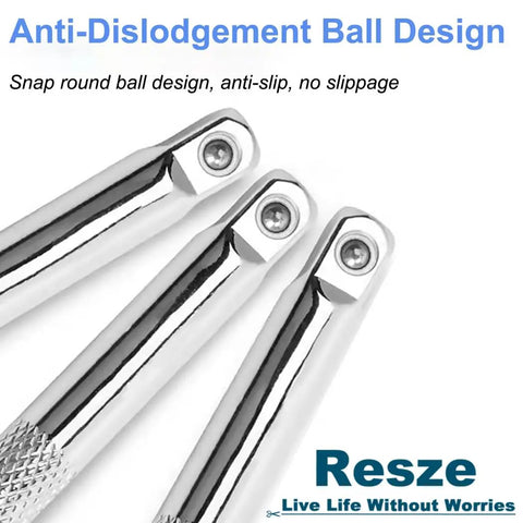 Close-up view of three chrome extension bars with anti-dislodgement ball design, part of Beefy Half Inch Drive Impact Extension Bar Set.