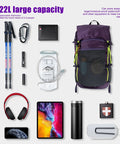 Ultralight 22L Waterproof Foldable Backpack For Hiking And Camping Expandable 2 To 4L Capacity with travel gear displayed