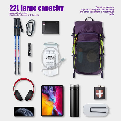 Ultralight 22L Waterproof Foldable Backpack For Hiking And Camping Expandable 2 To 4L Capacity with travel gear displayed