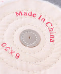 Close-up of Low Noise 6 Inch Cloth Buffing Wheels stitching and center, showing 'Made in China' text visible on white felt.