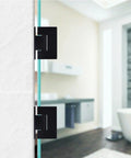 Heavy Duty Hella Sturdy Glass Door Hinges With Scratch Shield Rubber Stops For Frameless Shower Doors 90 Degree Pivot Clamps For 8 To 12Mm Tempered Glass No Sweat Setup, close-up view of black stainless steel hinge.