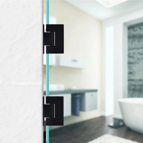Heavy Duty Hella Sturdy Glass Door Hinges With Scratch Shield Rubber Stops For Frameless Shower Doors 90 Degree Pivot Clamps For 8 To 12Mm Tempered Glass No Sweat Setup, close-up view of black stainless steel hinge.