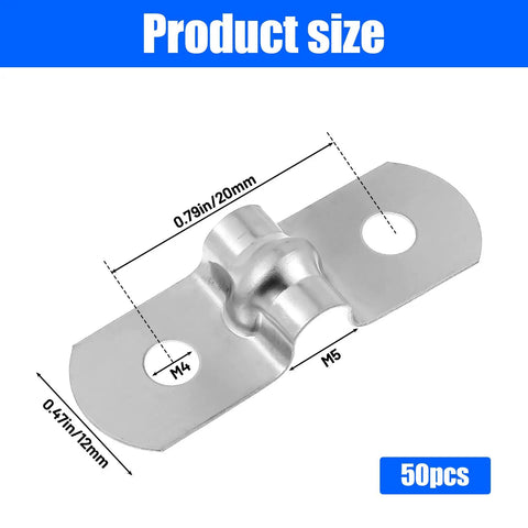 Close-up of single 50 Pcs One Quarter Inch Two Hole U Strap Bracket For Pipes Conduit Stainless Steel Pipe Clamp M5, with measurements.