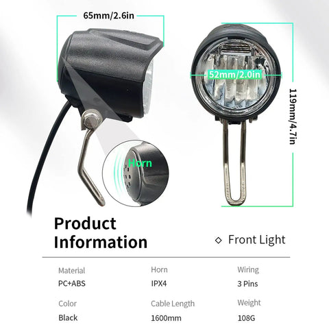 Plug In Ebike Light Kit With Front Headlight And Built In Horn dimensions and features display
