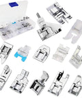 Front view of a 13-piece metal presser feet set in a clear plastic case for household sewing machines.