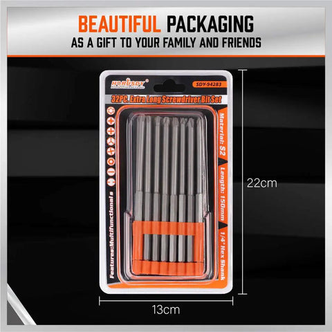 Thirty Two Piece Extra Long Security Power Bit Set With Quarter Inch Hex Shank in durable packaging, showcasing S2 steel bits.