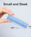 Hand holding a Pill Cutter With Removable Silicone Liner For Tiny And Large Pills No Fuss Sleek Pill Splitter, blue, dimensions shown.