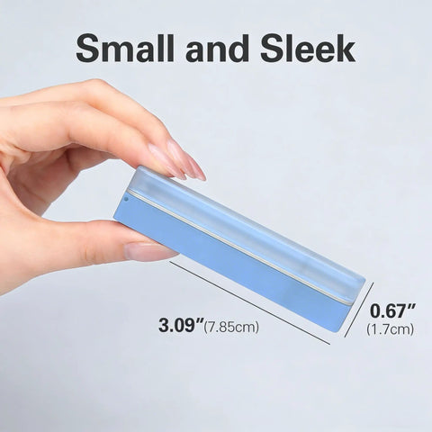Hand holding a Pill Cutter With Removable Silicone Liner For Tiny And Large Pills No Fuss Sleek Pill Splitter, blue, dimensions shown.