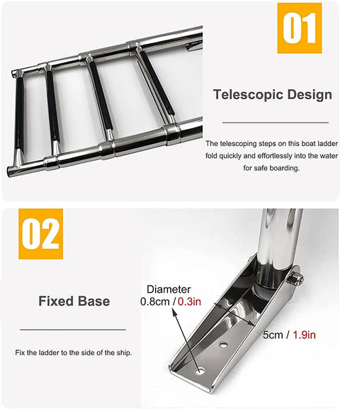 4 Step Folding Boat Ladder With Stainless Steel Telescoping Extension showing telescopic design and fixed base