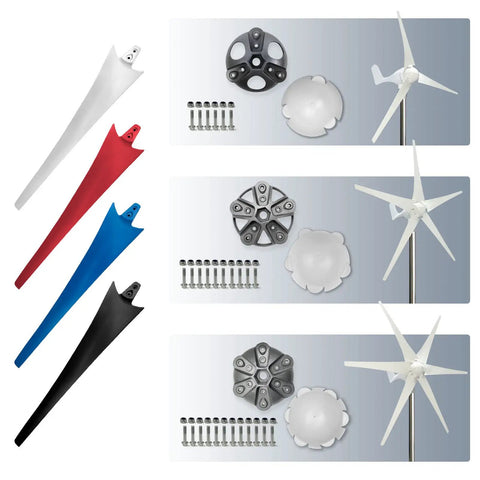 22.83 Inch Wind Turbine Blade For DIY Horizontal Turbine Generators, 58 Centimeters Carbon Fiber Nylon Composite, Aerodynamic High Strength Blade For Easy Start, Torque Boost, Windmill Assembly Part With Red Finish, pictured with assembly parts and multiple color blades.