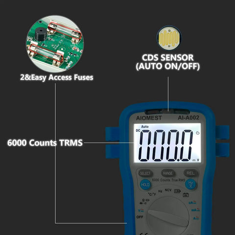 Go-To All-In-One 6000 Counts TRMS Digital Multimeter With Auto Ranging showing display and sensor details