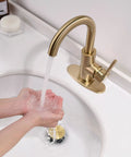 Brushed Gold Single Hole Bathroom Faucet With Pop Up Drain And Deck Plate Modern One Handle Lavatory Sink Tap In Use