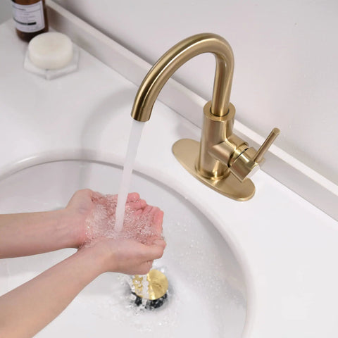 Brushed Gold Single Hole Bathroom Faucet With Pop Up Drain And Deck Plate Modern One Handle Lavatory Sink Tap In Use