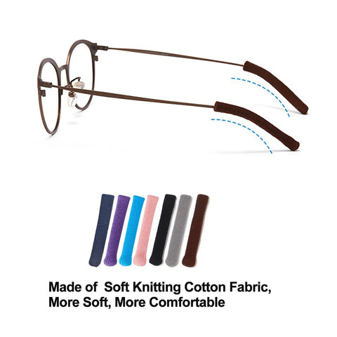 Comfy Soft Cotton Eyeglasses Ear Cushions Set Anti Slip Elastic Temple Tips Sleeve Retainer Grips For Glasses And Sunglasses Skin Friendly 2 Pairs Black shown on glasses sides