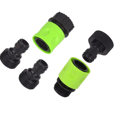 Five Piece Garden Hose Quick Connect Kit with Plastic Tap Adapters for easy leak-free connections to hoses, sprinklers, nozzles.