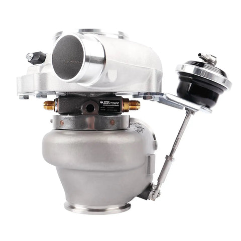 Forward Turbo 5449G Stainless Steel Vband Zero Point Seven Two AR IWG T25 Adapter For Ready To Rip High Boost Cars With Dual Ceramic Bearings Nine Blade G Aero Billet Compressor Wheel And Anti Surge Ported Shroud, side view showing compressor housing and actuator.