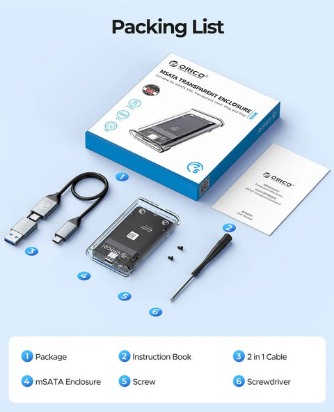USB 3.0 mSATA SSD Enclosure With USB C To USB C And USB A Cable Slick Transparent Portable External Drive Case contents