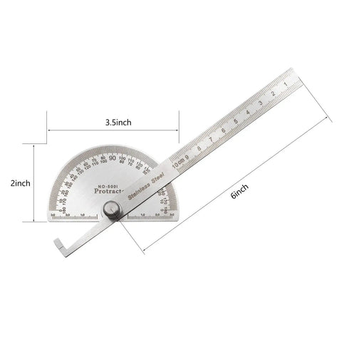 Rock Solid Stainless Steel Angle Protractor Ruler, 6 inch, accurate for carpenter measurements and construction layouts.