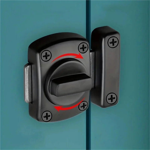 Tough As Nails Double Sided Gate Latch Slide Bolt Lock with large black locking mechanism on blue door.