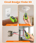 Go-To All In One Circuit Breaker Finder And Outlet Tester With GFCI Detection in use with adapters and dual LCD displays, green.