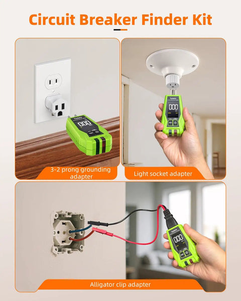 Go-To All In One Circuit Breaker Finder And Outlet Tester With GFCI Detection in use with adapters and dual LCD displays, green.
