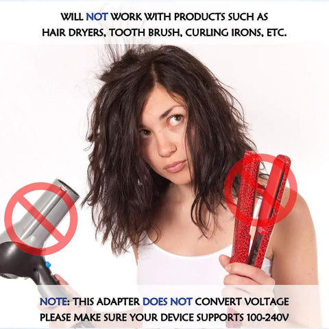 Woman holding non-compatible devices with All In One Universal Travel Adapter Plug Kit With Grounded Safety for worldwide use.