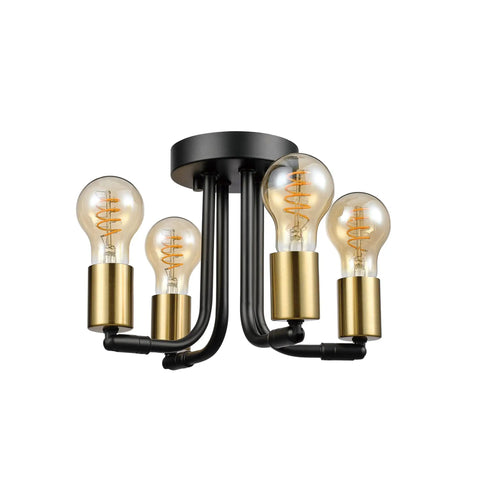 4 Light Adjustable Socket Semi Flush Mount Ceiling Light In Matte Black With Matte Brass Accents Exposed E26 Base Pivot Joints Industrial Sputnik Style Fixture For Modern Living Rooms And Hallways, front view