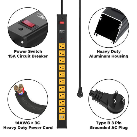Heavy Duty Power Strip Surge Protector With USB 10 Outlets 6 Foot Extension Cord Mounting Brackets 15 Amp Circuit Breaker 1500 Joules