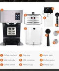 Top Shelf All In One Automatic Espresso Coffee Maker And Cappuccino Latte Brewer parts including drip tray, water tank, and milk container.