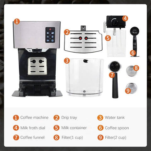 Top Shelf All In One Automatic Espresso Coffee Maker And Cappuccino Latte Brewer parts including drip tray, water tank, and milk container.
