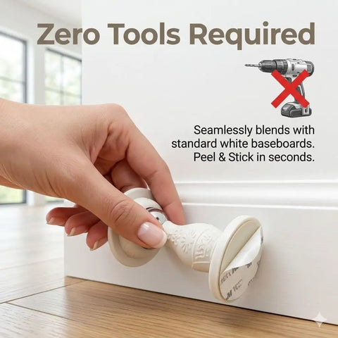 Heavy Duty Magnetic Door Stopper 2 Pack With Peel And Stick Adhesive Silicone Wall Protector No Drill Floor Catch For Renters And Home Office White Pro Move Design in use on a white baseboard.