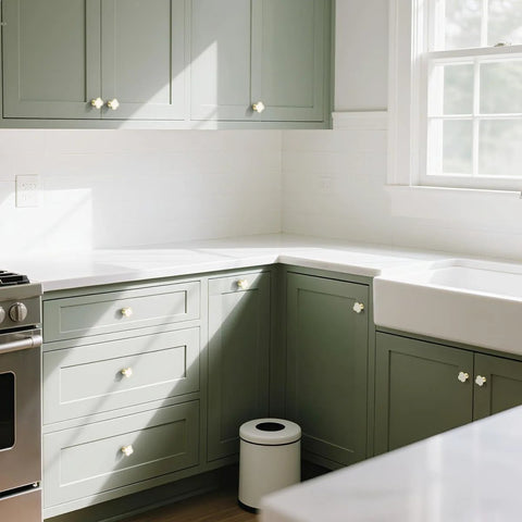 Kitchen cabinets with Six Pack White Dresser Knobs Set Featuring Pearl Clover Design With Gold Finish For Cabinets And Drawers installed