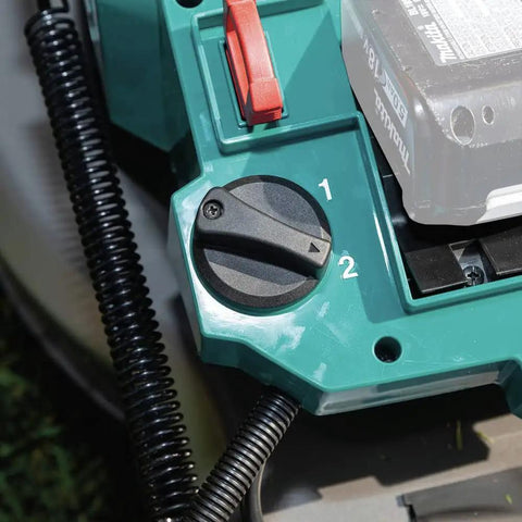 Close-up of control panel on Badass 36V Brushless Cordless Self Propelled Commercial Lawn Mower with speed settings.