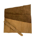 Unrolled Six Slot Leather Tool Roll Up Bag For DIYers showing interior tool slots, full grain handmade leather in Bourbon Brown.