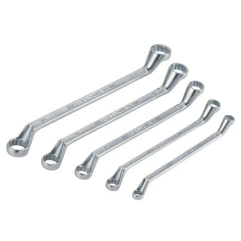 Offset Box End Wrench Set SAE 5 Piece With 45 Degree Angled Ends, Double Offset Design, Full Polish Chrome Finish Visible