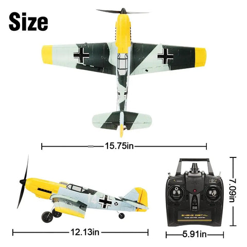 WWII Warbird RC Plane Ready To Fly For Adults And Teens 14 Plus, dimensions with remote, top and side view