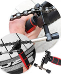 Universal Bike Chain Tool And Breaker For Road And Mountain Bikes in use, showing steel and plastic build with compact design.