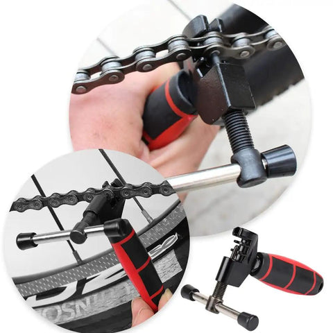 Universal Bike Chain Tool And Breaker For Road And Mountain Bikes in use, showing steel and plastic build with compact design.