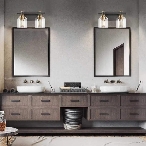 Bathroom with Slick Two Light Industrial Style Bathroom Vanity Light With Clear Glass Shades Matte Black Finish And Brushed Bronze Copper