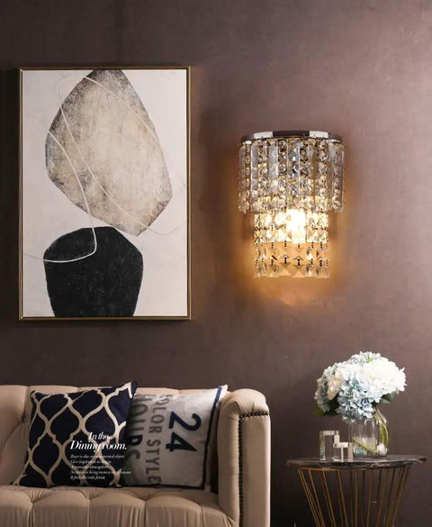 Crystal Hardwired Wall Light With Chrome Finish Sconce And K9 Acrylic Crystal Drops Shade for modern bedroom setup