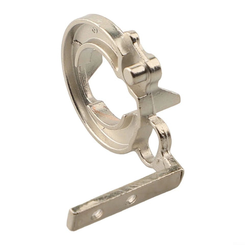 Silver metal clutch shaft cam with mounting tab and inner ring, angled side view