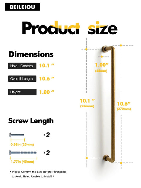 Product dimensions of 10 Inch Cabinet Bar Pulls With Antique Brass Finish 256mm Hole Centers Set Of 2 for kitchen remodel projects