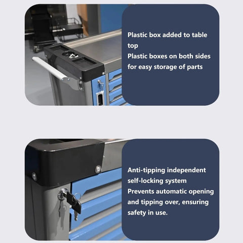 7 Drawer Rolling Tool Cart With Wheels Mobile Tool Chest And Cabinet Self Locking Anti Tip Toolbox Organizer For Warehouse And Workshop Use Heavy Duty Tool Storage For Tools And Equipment In Busy Shops, close-up of plastic tray and self-locking key lock