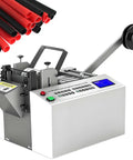 Automatic Heat Shrink Tube Cutter With Digital Display And Precision Micro Computer Control For Fast High Accuracy Cutting Of Cable Rubber And Plastic Sleeves Easy Setup And Adjustable Widths with red and black tubes.