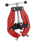 Heavy Duty Adjustable Pipe Alignment Clamp With Quick Acting Dual Handle Screws For Precise Welding And Perfect Fit On 2 To 6 Inch Pipes, red and black, close-up view.